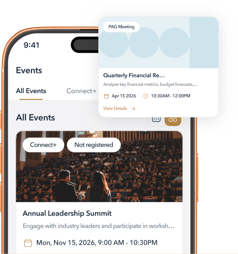 Events screen in the MyAliant+ app with an upcoming meeting