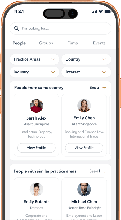 Member search in the MyAliant+ app with practice area and country filters