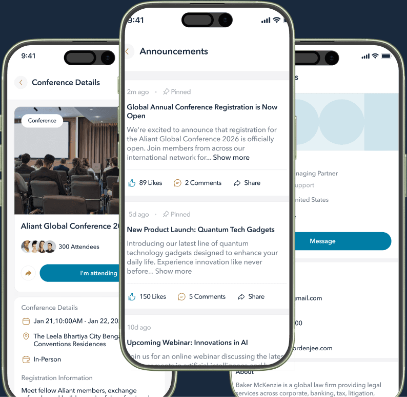 Three phones showing MyAliant+ conference details, announcements and practice groups